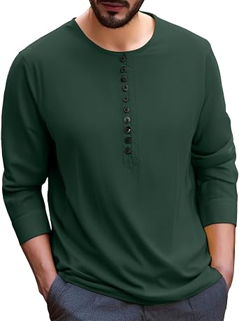 CRNTCEM Long Sleeve Crewneck Henley Shirts for Men Fashion Solid Color Button Basic T-Shirts Casual Stylish Cotton Shirts
