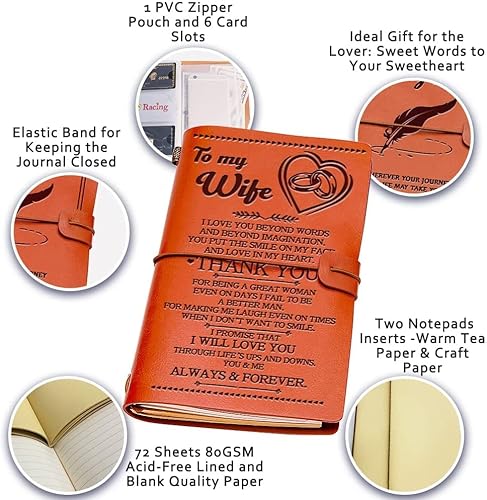 Welsky Valentines Gifts for Her Wife, Anniversary Wedding Gifts for Her Leather Journal 144 Pages, Valentines Day Christmas Mothers Day Birthday Gift for Wife Notebook Travel Diary Presents