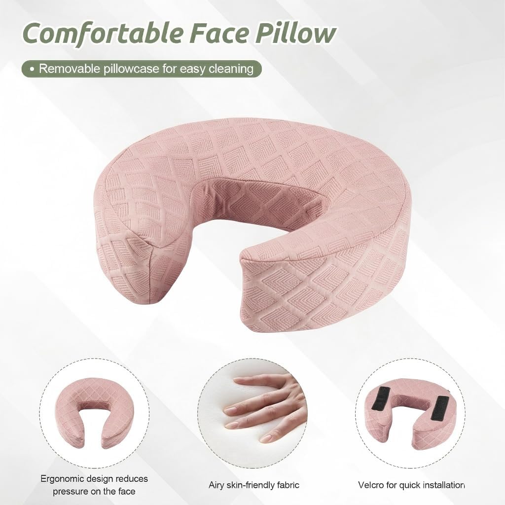 Massage Headrest for Bed, Adjustable Massage Face Cradle at Home, Portable Massage Table Kit for Sleeping Mattress, Face Down Pillow After Eye Surgery (Pink, with Armrest Shelf & Breast Pillow)