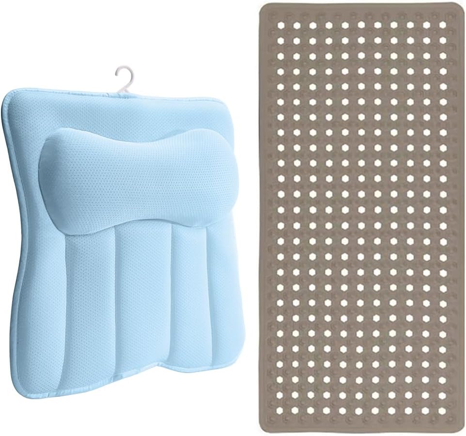 Almohada de baño de malla para bañera y cortina de ducha tipo gofre, tamaño de almohada 16,5 x 16,1 azul spa, soporte para la espalda, tamaño de cortina 72 x 78 beige, tela gruesa con peso, paquete de 2 artículos