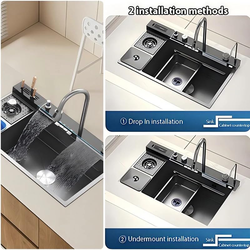 Image of B Backline Single Bowl Kitchen Sink - 32 inch X 19 inch X 9 inch Inches | Smart Kitchen Sink With Waterfall Tap & Dustbin | 304-Grade Stainless | All In One Sink With All Accessories - Black Matt Color