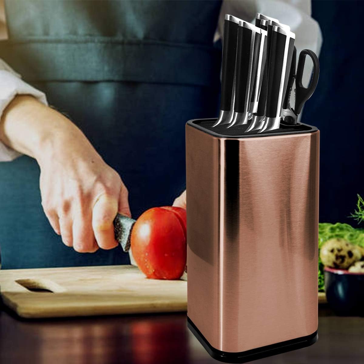 Rose Gold Stainless Steel Universal Knife Block Holder with Slots for Scissors or Sharpening Rod, Space Saver Knife Storage, Detachable for Easy Cleaning, Square Knife Holder For Safe