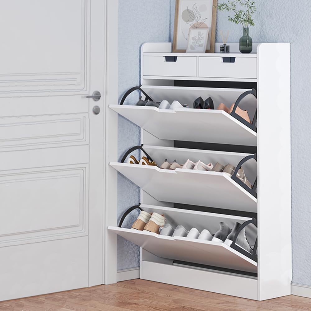 Zapatero de madera con 3 cajones abatibles y diseño compacto para pasillo