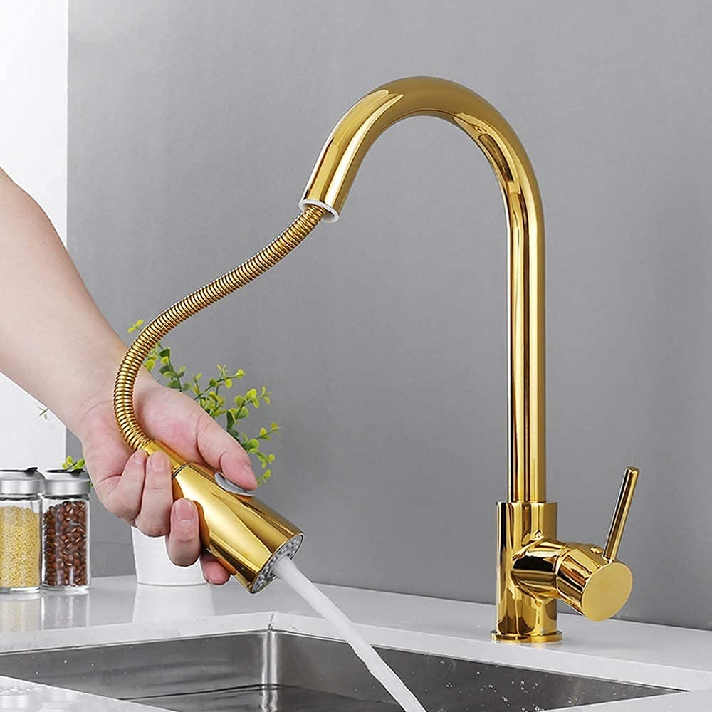 Baterie, łazienka Złota wyciągana głowica natryskowa Bateria kuchenna 2 tryb opryskiwacza 360 obrót Pojedynczy uchwyt Mixer Tap Żuraw do zlewu Pojedynczy uchwyt Deck Mounted/a little surprise