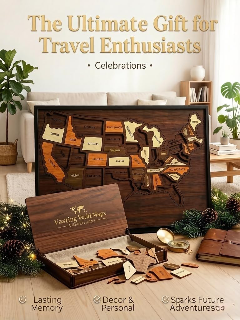 Wooden USA Travel Map Puzzle, Interactive US Journey Tracker with Removable State Pieces, Wall Art Decor for Home Classroom, Ideal Travel Keepsake Gift for Families & Couples (2-Pcs)