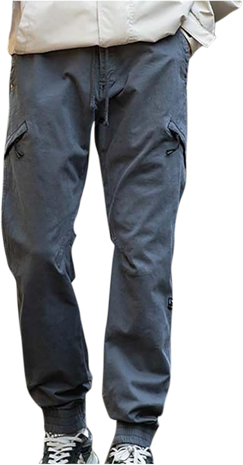 Men's Cotton Cargo Pants Casual Baggy Elastic Waist Joggers Outdoor Hiking Fishing Work Pant with Multi Pockets