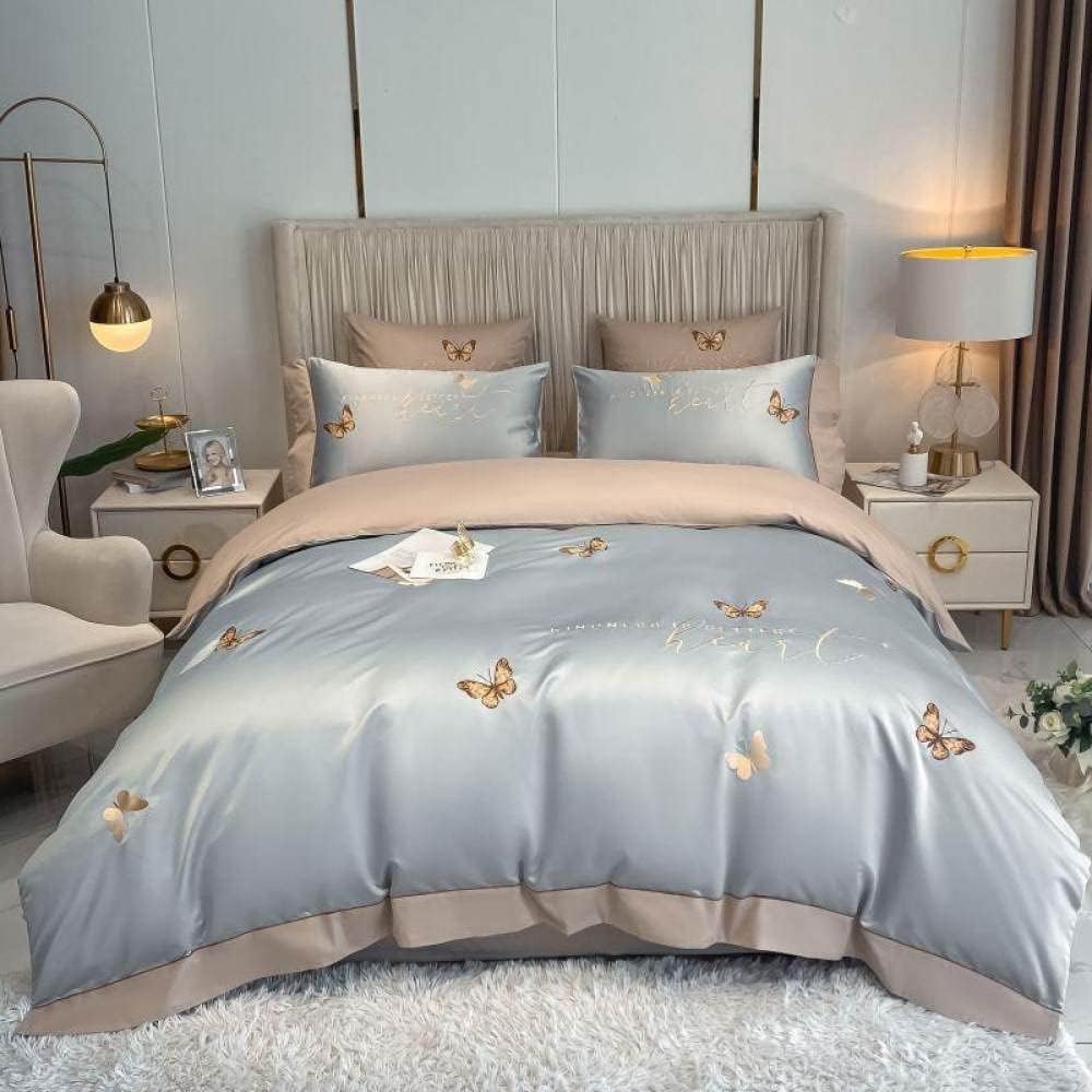4-Piece Washed Silk Embroidered Flat/Fitting Bed Linen and Pillowcase 4 Fitted King Size (5 Flat Queen Size)
