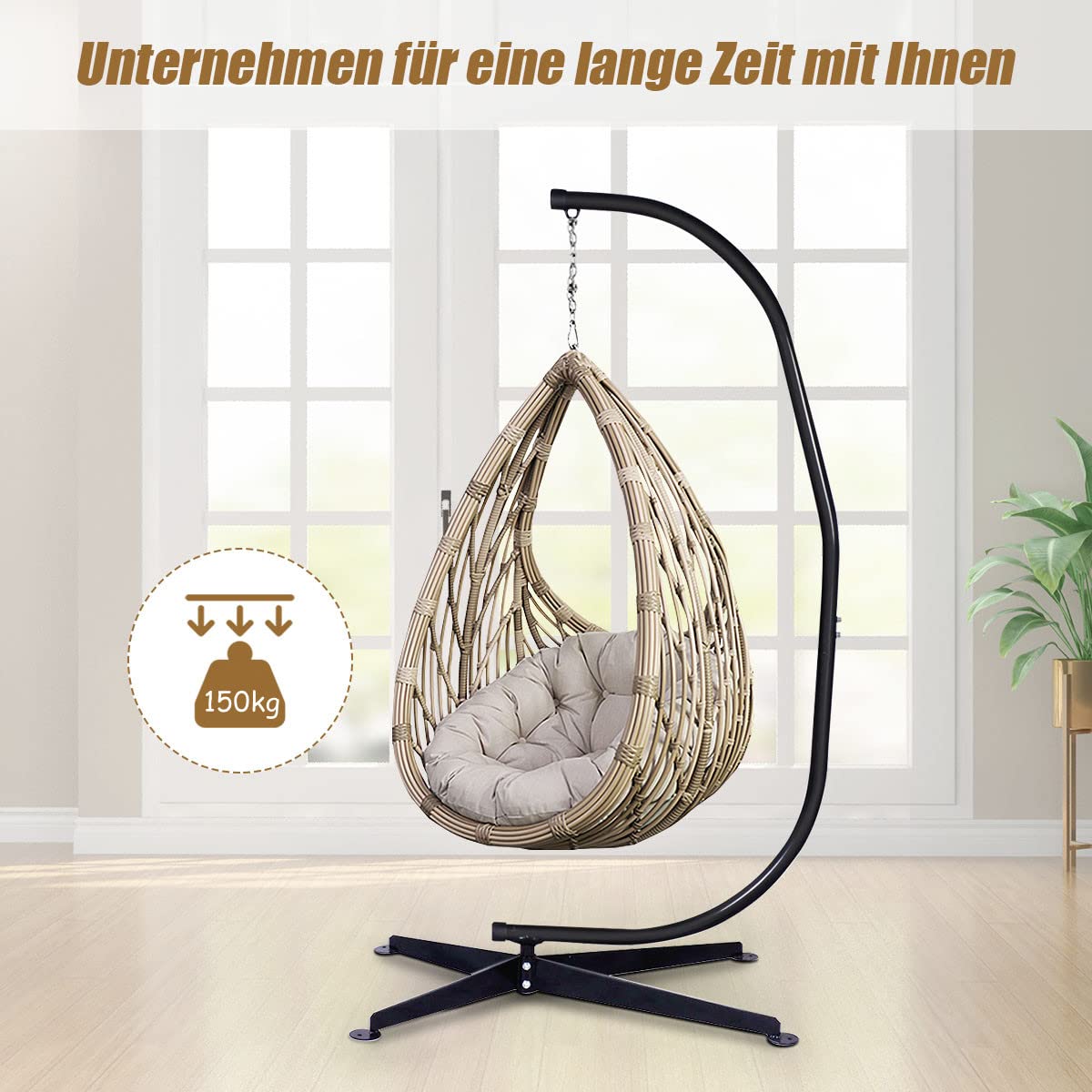 DREAMADE Freistehendes Hängestuhlgestell, Hängesesselgestell Hängesitzständer, Hängestuhl Gestell, stabil für drinnen und draußen, max. 150kg belastbar, Schwarz