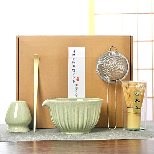 Ecofocet Té Matcha Kit de 5 Piezas, Juego de Té Matcha Japonés con Cuenco de Matcha, Batidor de Bambú, Soporte de Cerámica para Batidor, Cuchara y Colador - Set para Ceremonia del Té, Hogar o Regalo