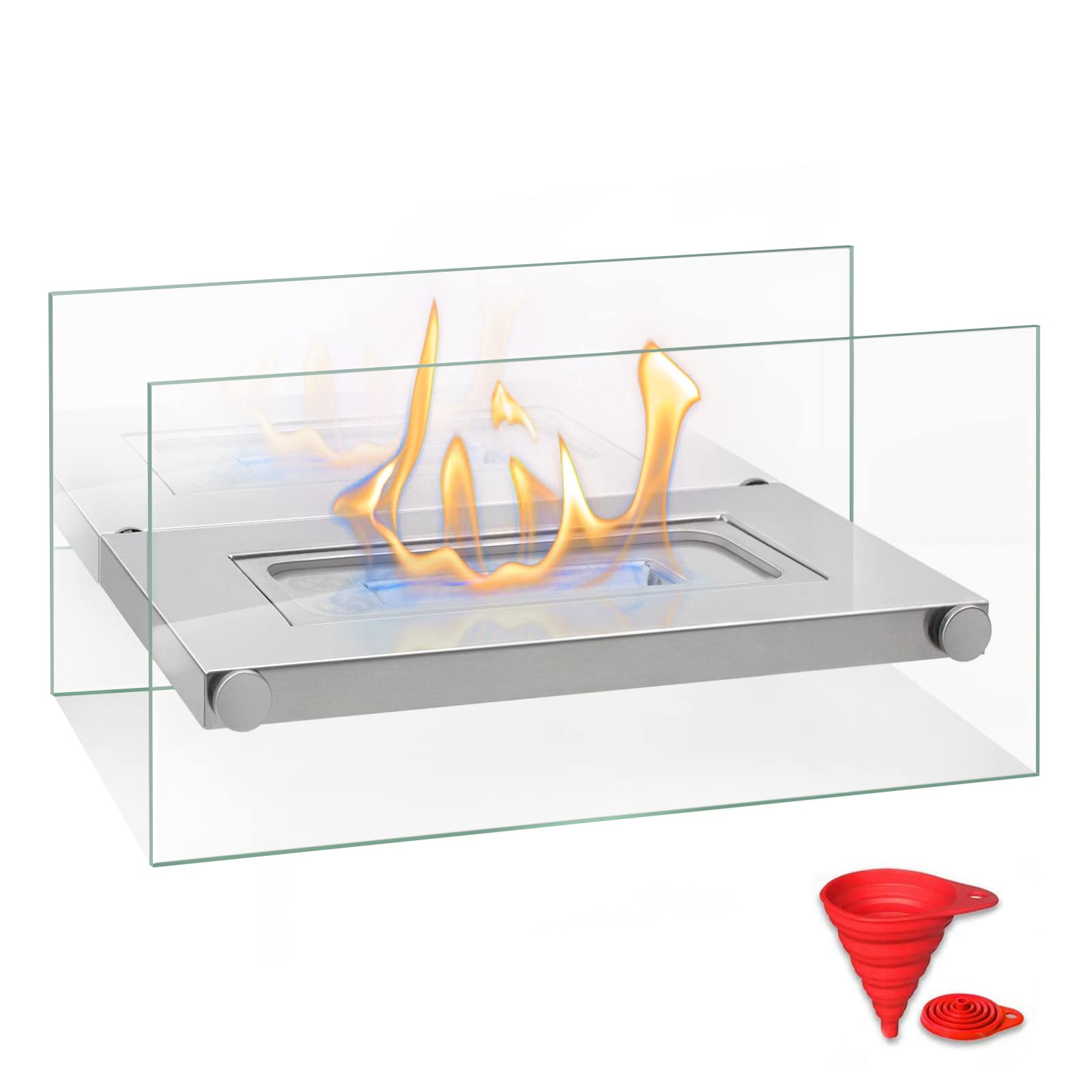 BRIAN & DANY Tabletop Fire Pit Bio Ethanol Fireplace for Indoor Outdoor, 34 x 17.5 x 16 cm, Silver