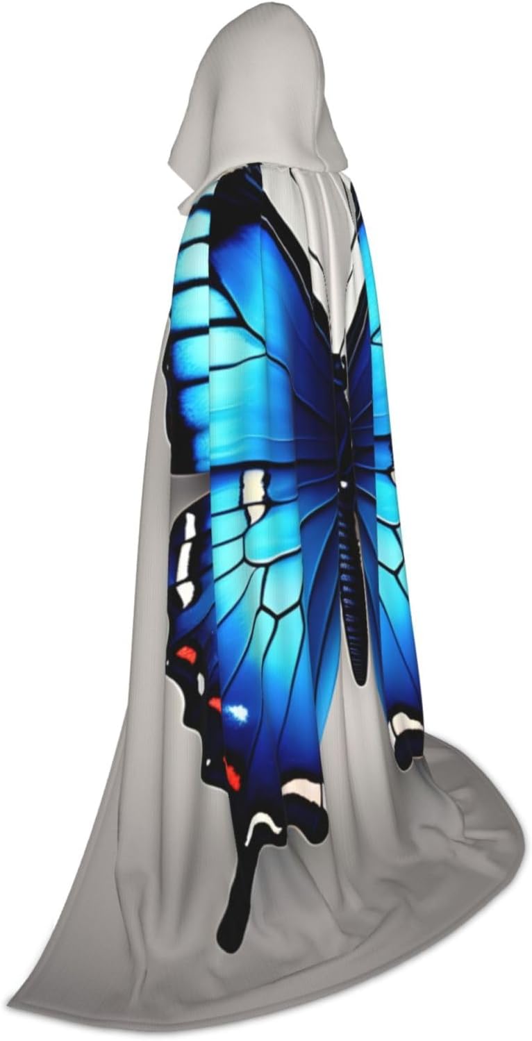 Blue Butterfly print Wizard Hooded Robe Medieval Cape Renaissance Cloak for Men Women Halloween Costume