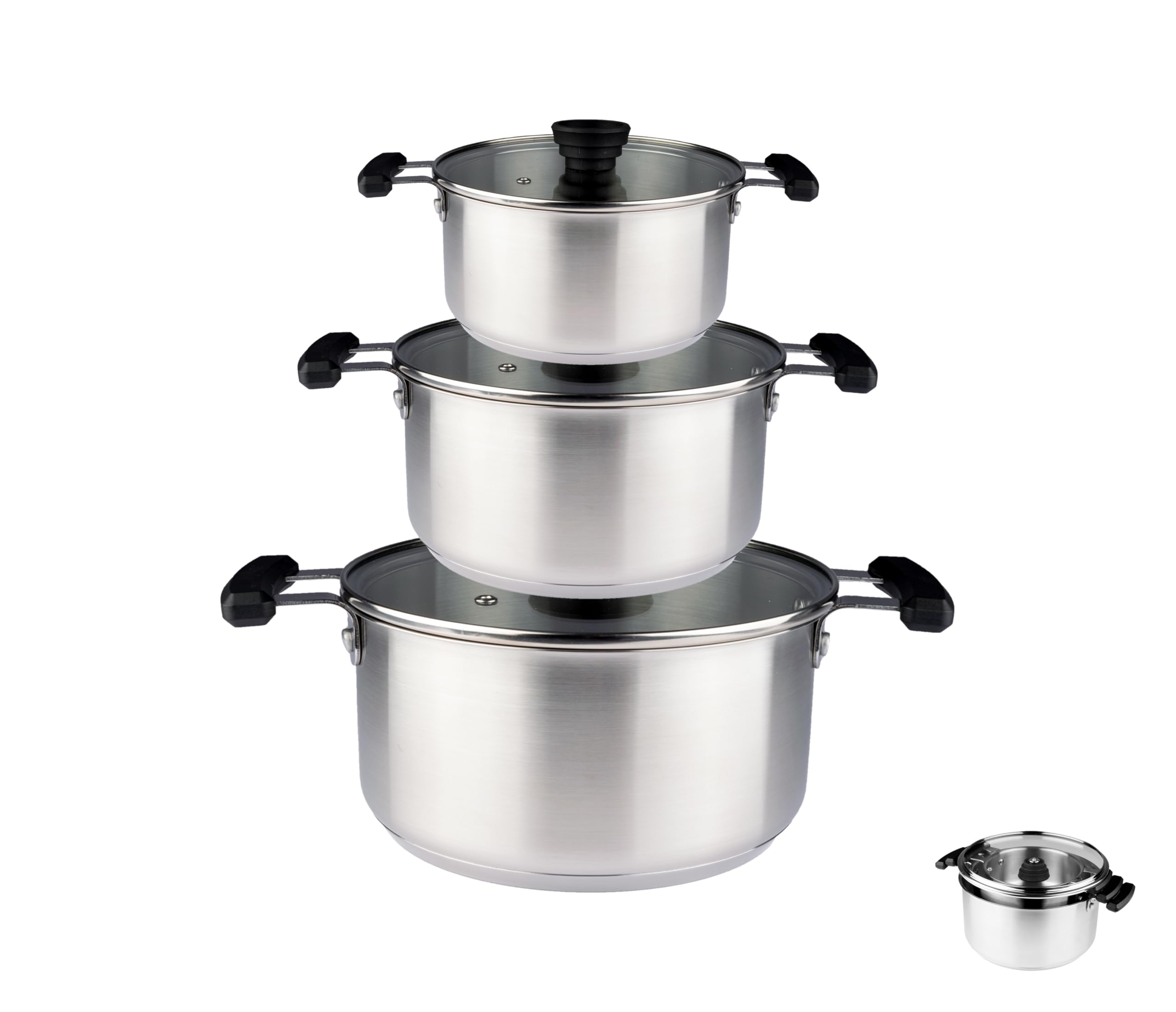 Pintinox, set 3 pentole salvaspazio impilabili in acciaio 18/10 con coperchio,batteria adatta all'induzione, Diametro 16, 20, 24 cm
