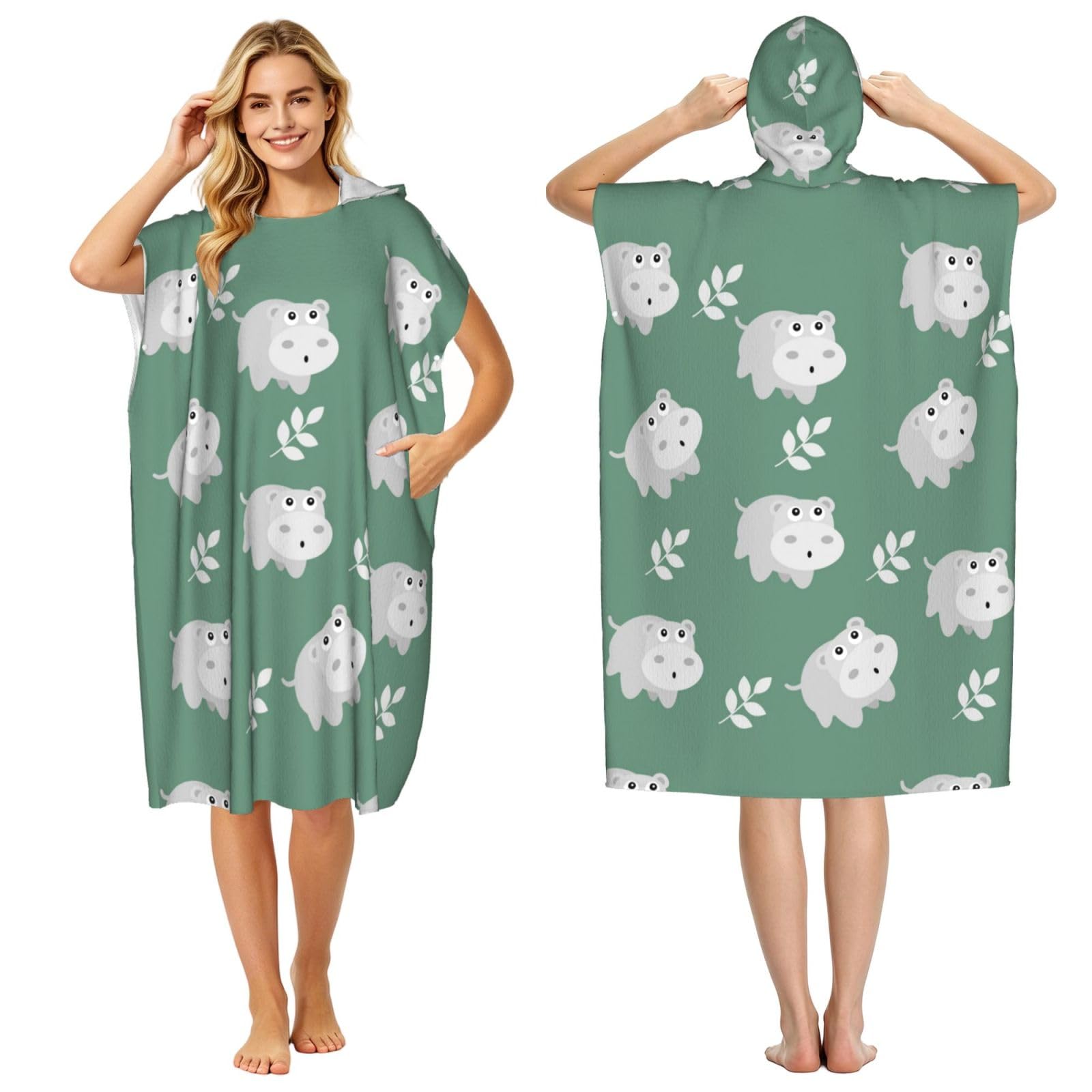 Poadnly Cute Hippo, Adult Hooded Beach Towel 90 x 110 cm,Changing Bath Robe, Surf Poncho Towel For Women Men