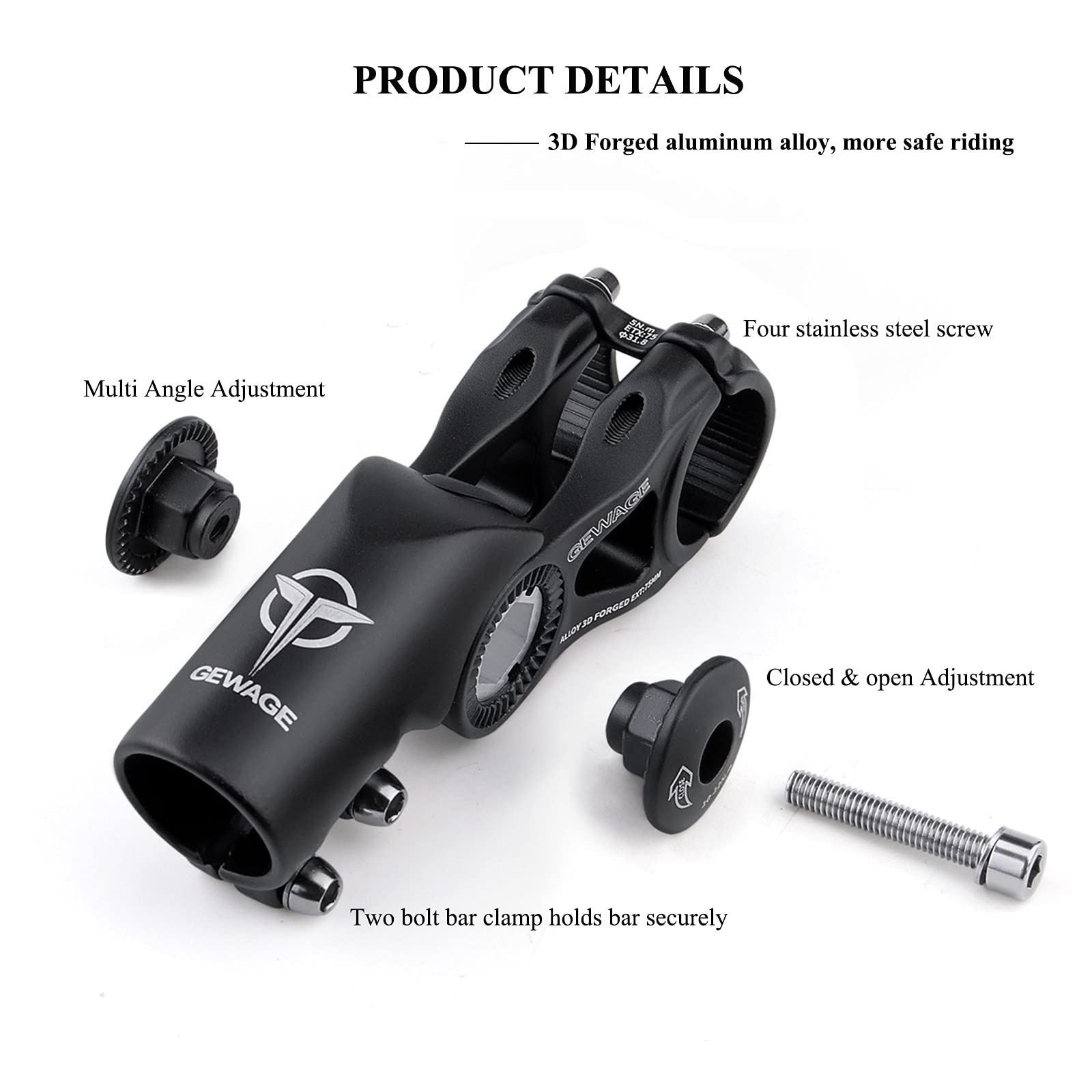 GEWAGE Potence de vélo – Réglable à 130 degrés – 75 mm, 90 mm, 130 mm – Pour guidon de 31,8 cm (1-1/4") – Convient à la plupart des VTT, vélos de route, BMX (XT-A825D-75)