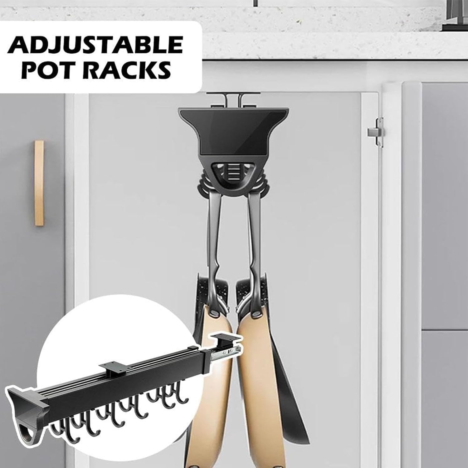 Hanging Pot Rack Hook - Adjustable Pot Racks with Sliding Rail Storage Utility Rack Used, Pull Out Pots and Pan Organizer, for Kitchen/Closet/Cupboard, Load 75LBS(10.23in-8 Hook)