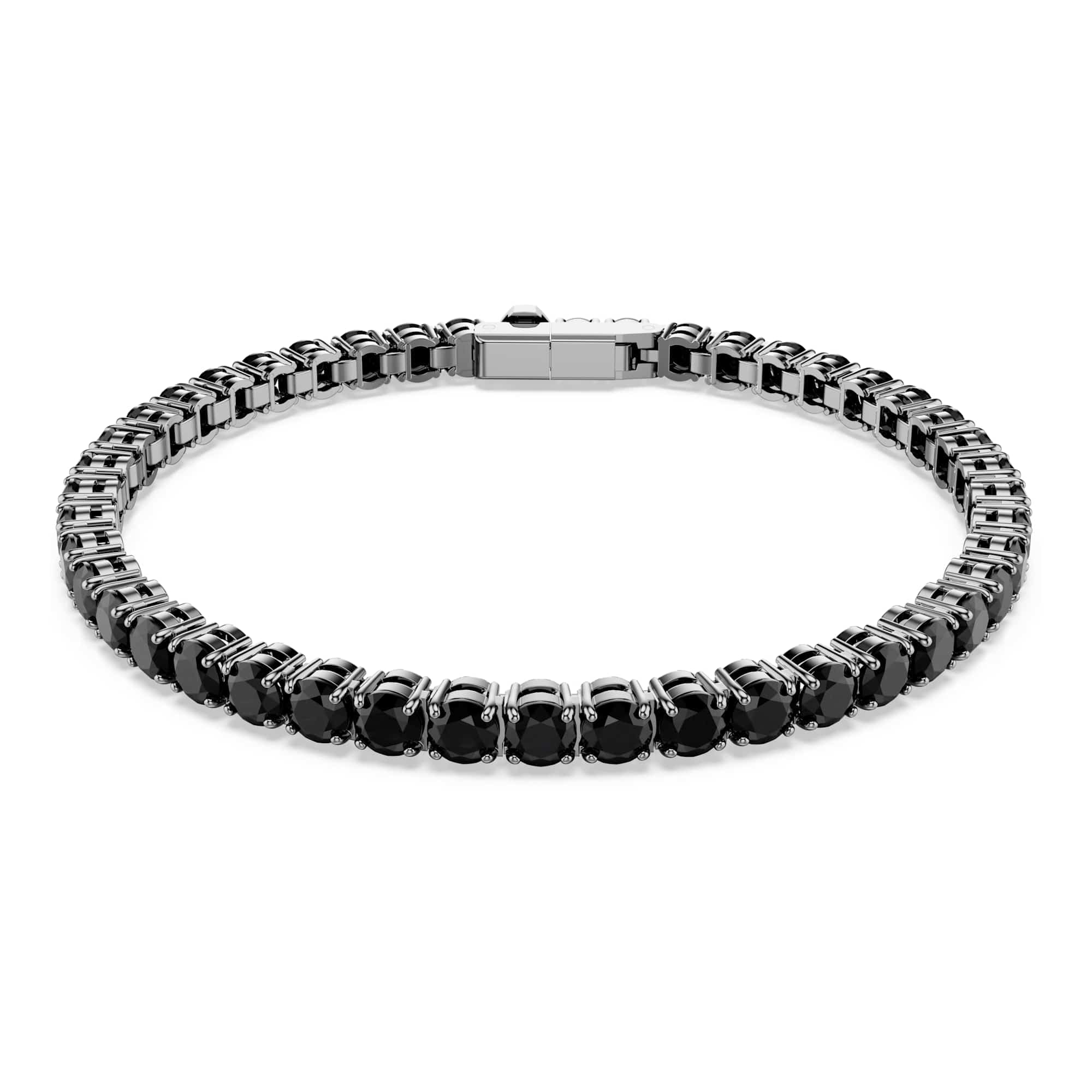 Swarovski Matrix Bracciale Tennis, Gioiello Versatile con Cristalli Neri, Pietre Preziose a Taglio Round, Chiusura a Linguetta, Taglia M, Placcatura in Tonalità Rutenio, 16,5 cm, 0,4 cm