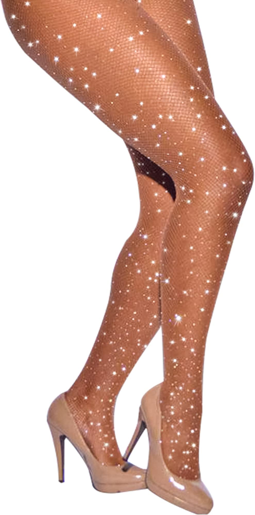 Women's Sparkle Rhinestone Fishnets Sexy Tights High Waist Stockings Skin - One Size