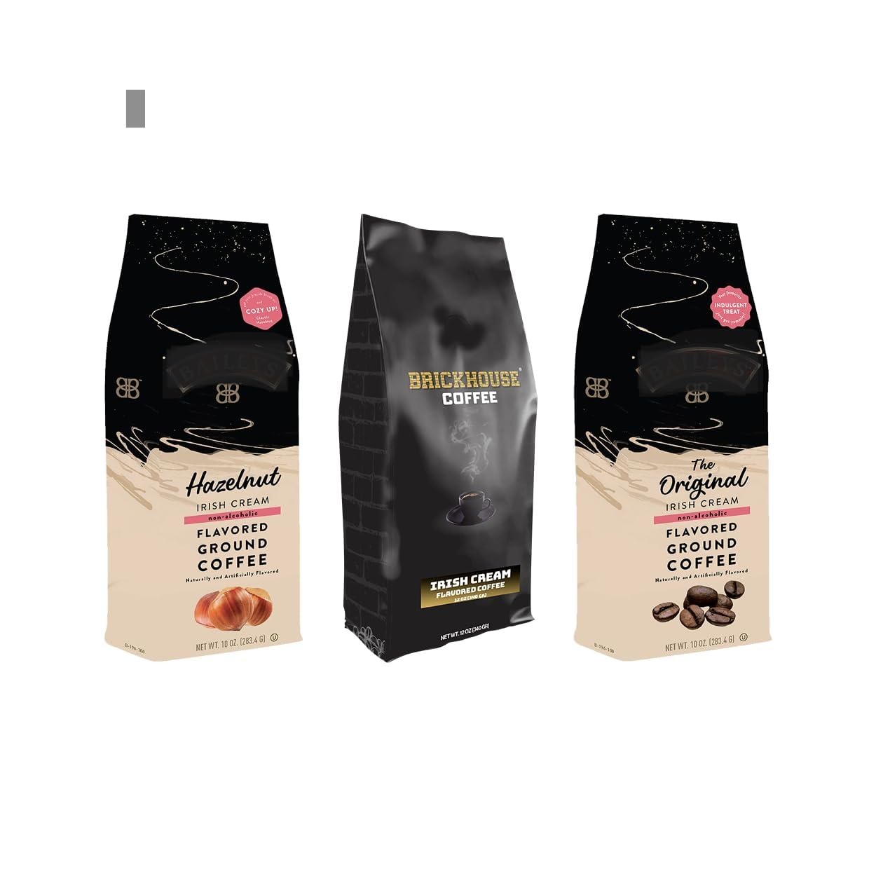 Irish Cream Ground Coffee Bundle, 32oz - Includes Brickhouse Irish Cream 12oz, Hazelnut 10oz and Original 10oz