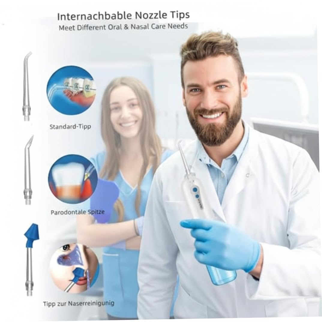 Flosser de agua inalámbrico - Irrigador oral recargable azul portátil con estuche de viaje, IPX7 impermeable 4 modos 5 boquillas para viajes a casa