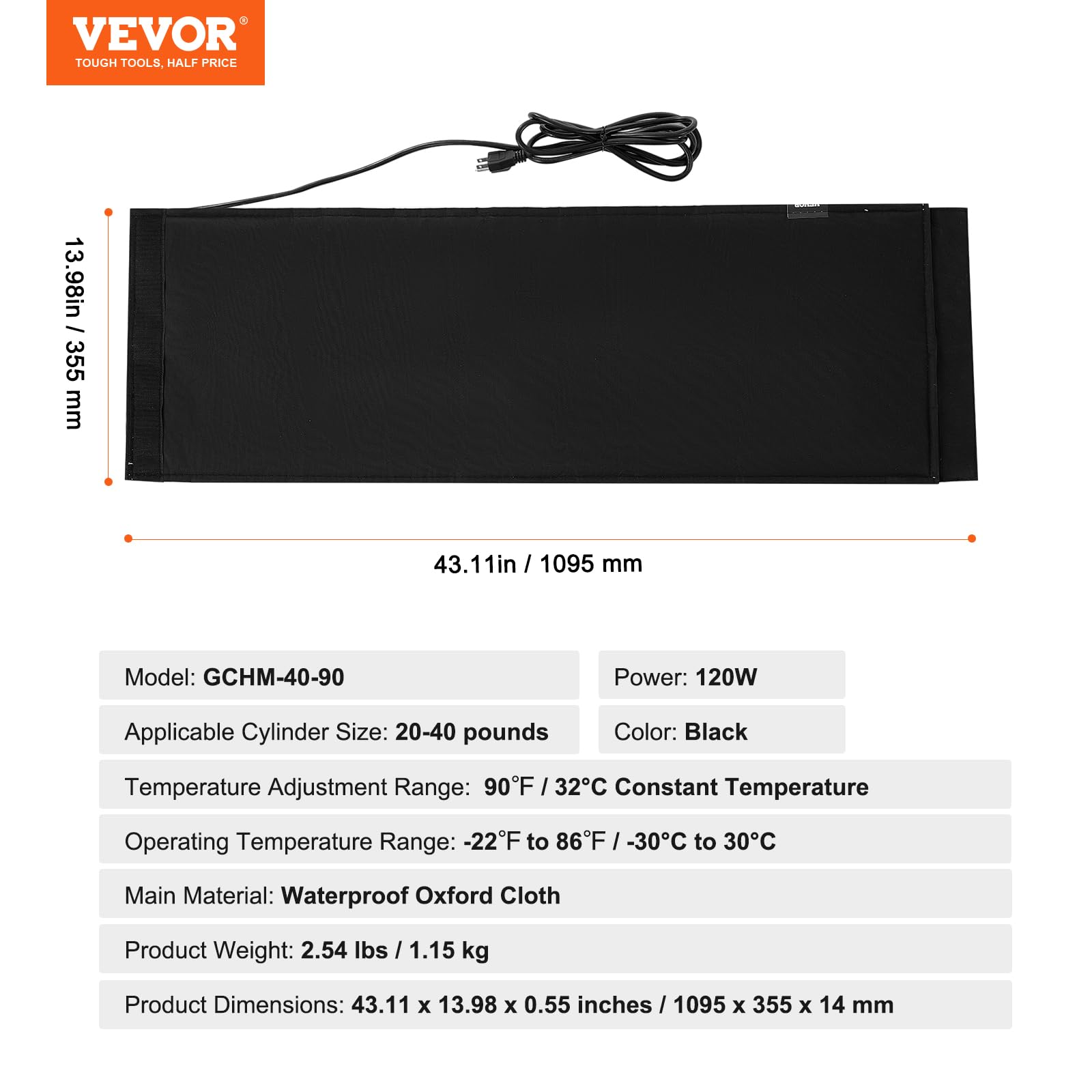 VEVOR Manta Calefactora para Tanque de Propano Cubierta Aislada de 120 W para Tanques de Gas de 9-18 kg Termostato Interno Fijo Temperatura Máxima 32,22 °C Tela Oxford Resistente al Agua
