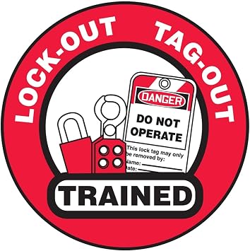 Accuform Signs LHTL344 Adhesive Vinyl Hard Hat Decal, Legend"Lock-Out TAG-Out Trained" with Graphic, 2-1/4" Diameter, Red/Black on White Pack of 10