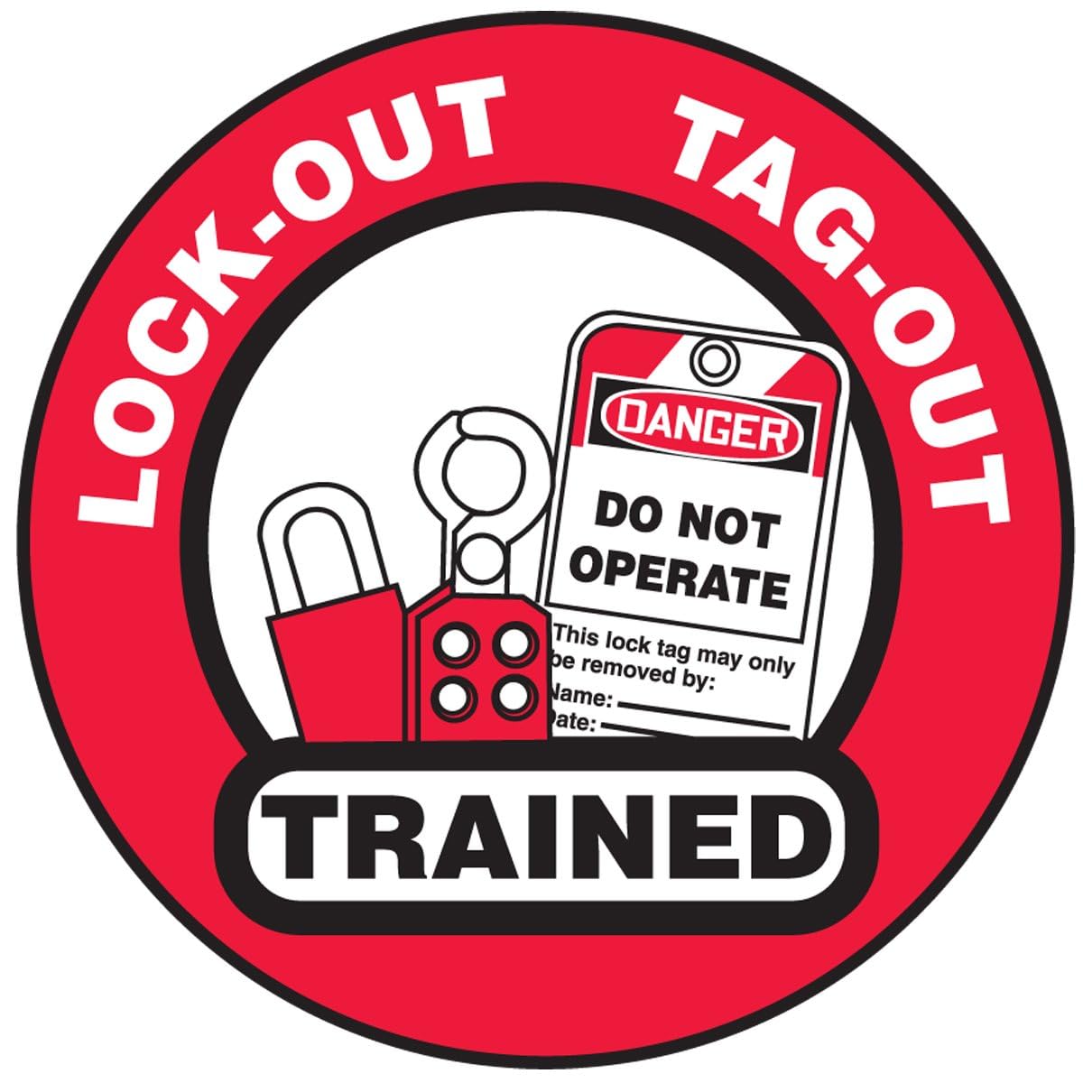 Accuform Signs LHTL344 Adhesive Vinyl Hard Hat Decal, Legend"Lock-Out TAG-Out Trained" with Graphic, 2-1/4" Diameter, Red/Black on White (Pack of 10)