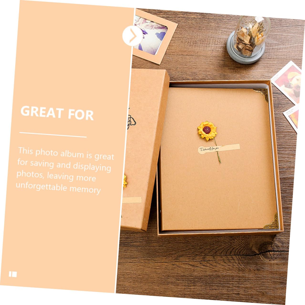 Álbum de Recortes DIY de Papel Kraft Artesanal Tamaño Mediano Páginas Amarillas Caja Kraft Incluida Álbum para Fotos de Viajes y Familia y Delicado para Manualidades