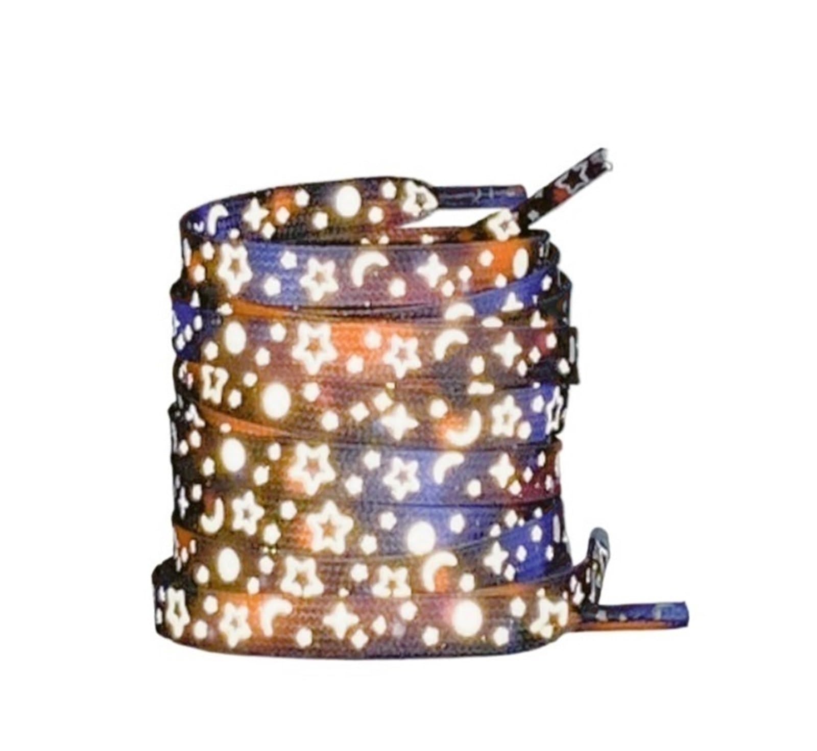 Cordones para Botas de Trabajo Cordones reflectantes planos for zapatillas de deporte, cordones luminosos, patrón de estrella y Luna, cordones de lona coloridos que brillan en la oscuridad(Black Blue,