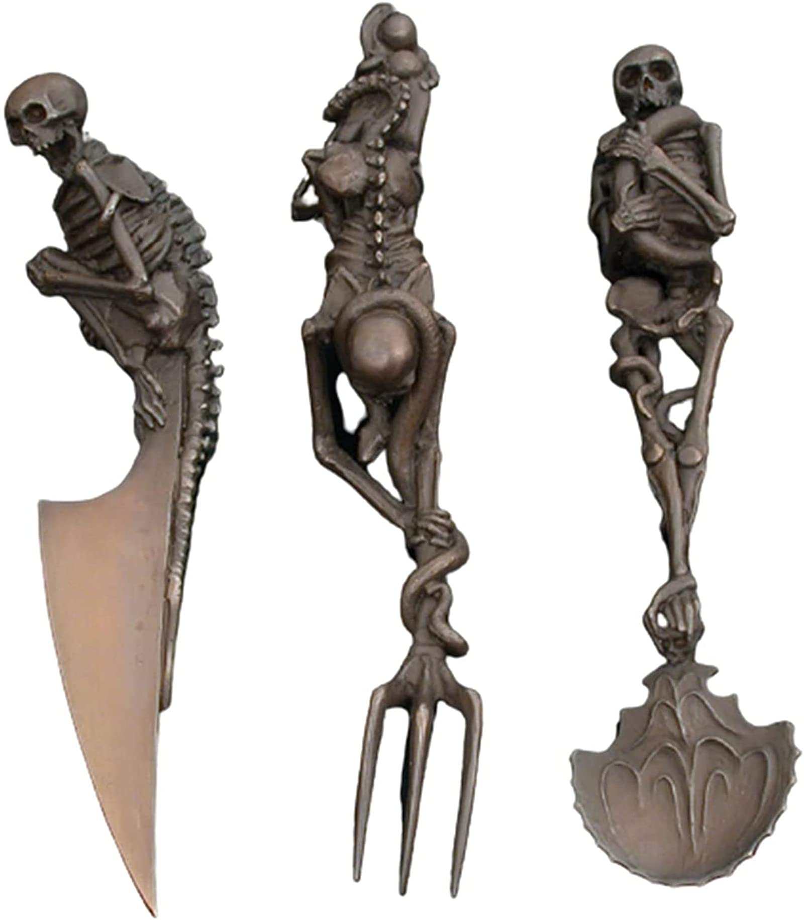 MTDBAOD Halloween Skeletal Cutlery Sets,Personality Skull Metal Tableware 3 Set,Creativity Skeleton Fork Spoon Knife Gift for Halloween,for Halloween Party Desktop Decoration (Gold)