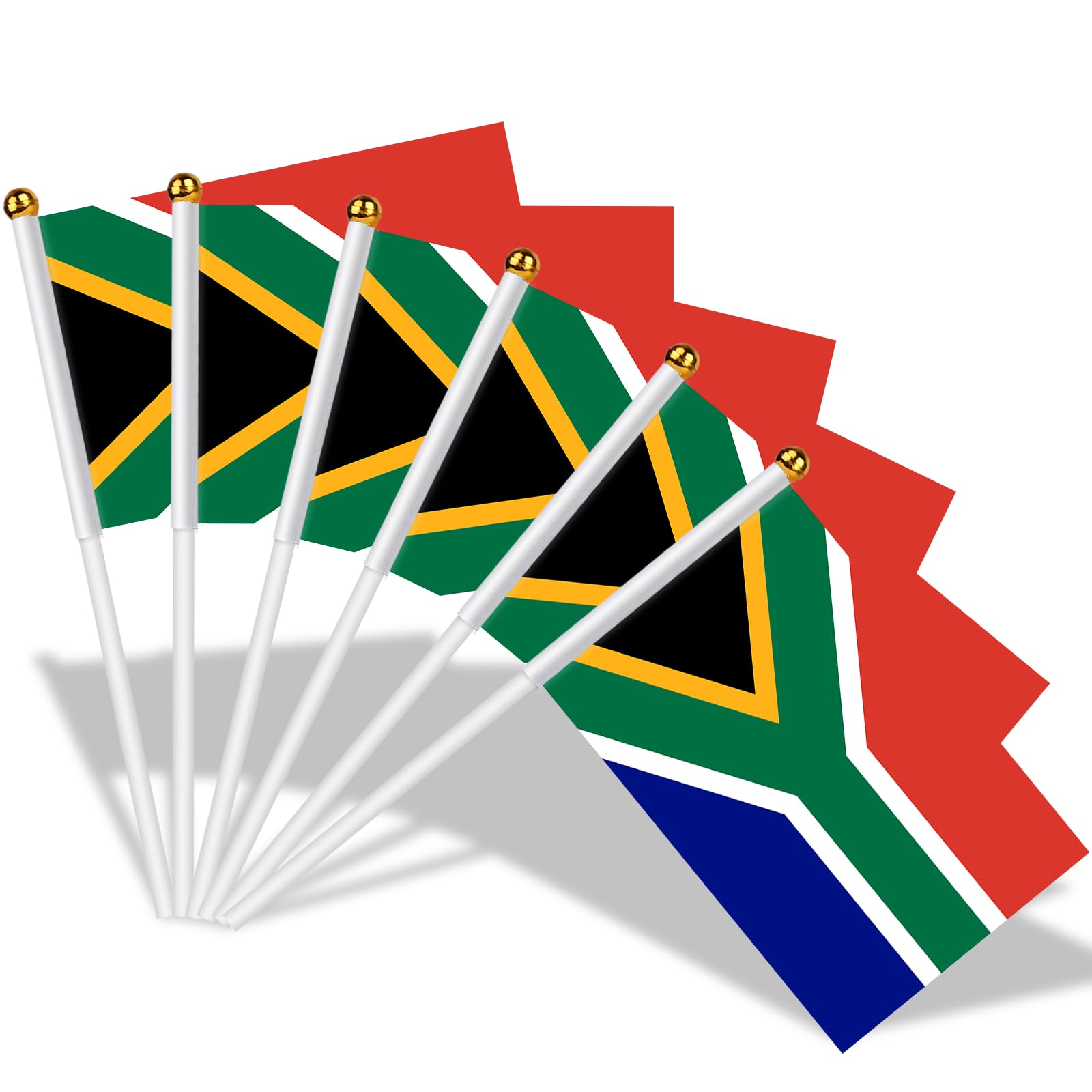 AhfuLife 15pcs South Africa Flags on Sticks for Party Decorations, 14 x 21cm Hand Held South Africa Small Flags with 30cm White Pole for National Day World Cup Football Rugby Garden Street Decor