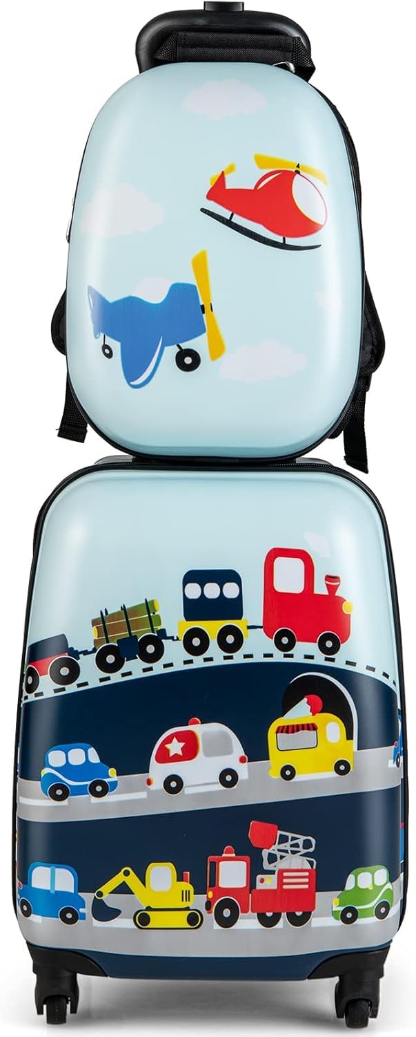 Set Trolley per Bambini 2 Pezzi Valigia Rigida e Zainetto Coordinato Bagaglio a Mano con Ruote Girevoli per Viaggio Scuola e Tempo Libero 46,5x22x32,5 cm Fantasia Traffic