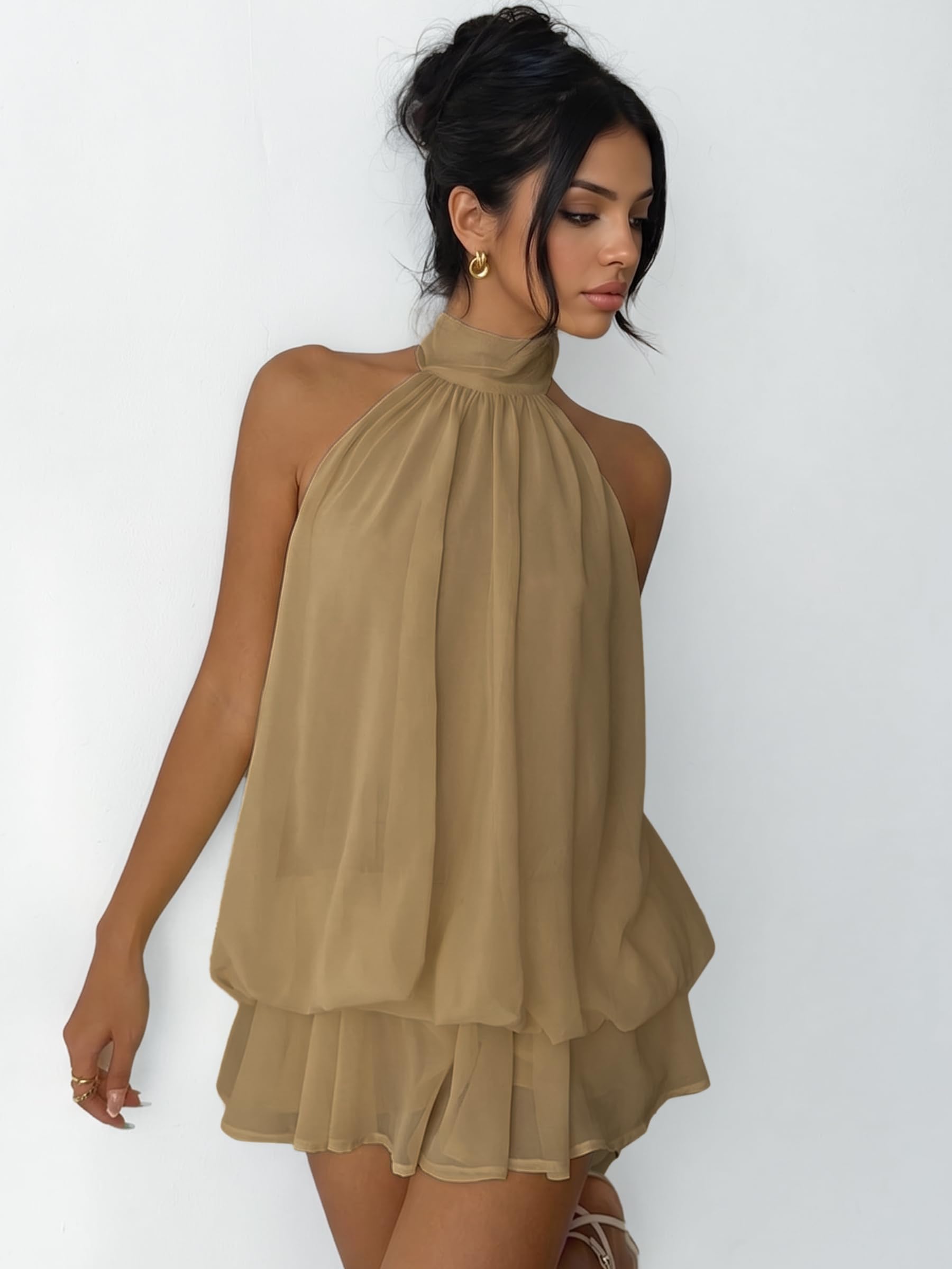 Robe Femme Chic et Elegant Été Robes Courte Ample Col Halter sans Manches Sexy Mini Robe Dos Nu à Nouer Casual Robes en Mousseline Volants Fluide Dresses pour Soirée Clubbing Plage Vacances