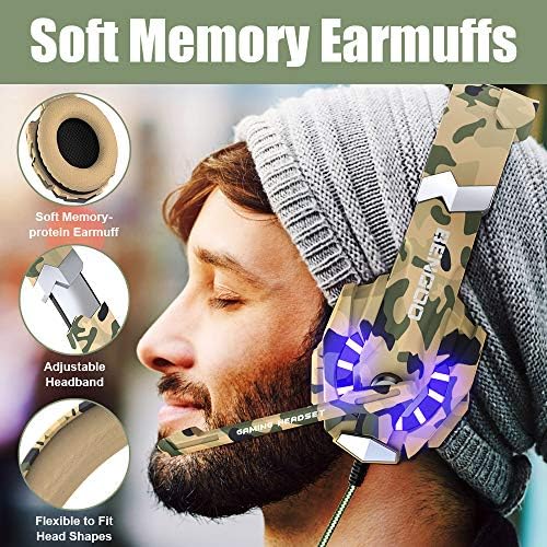 BENGOO Stereo Gaming Headset for PS4, PC, Xbox One Controller, Noise Cancelling Over Ear Headphones Mic, LED Light, Bass Surround, Soft Memory Earmuffs for Sega Genesis Gamecube PS5 Camouflage