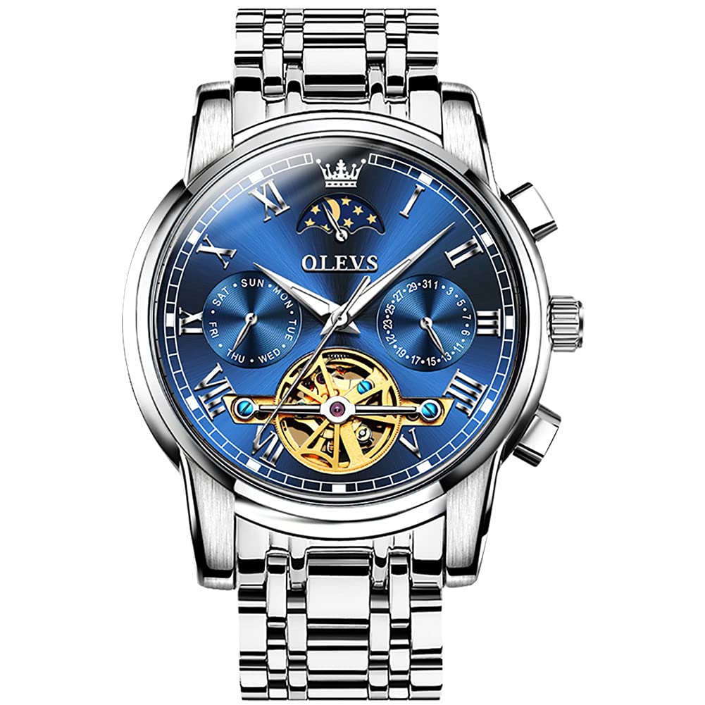 OLEVS Men's Automatic Watch Silver Stainless Steel Deep Blue Face Skeleton Mechanical Wrist Watch, Classic Business Casual Fashion Mens Watches, Stylish Gift Anniversary for Men Luminous Clock