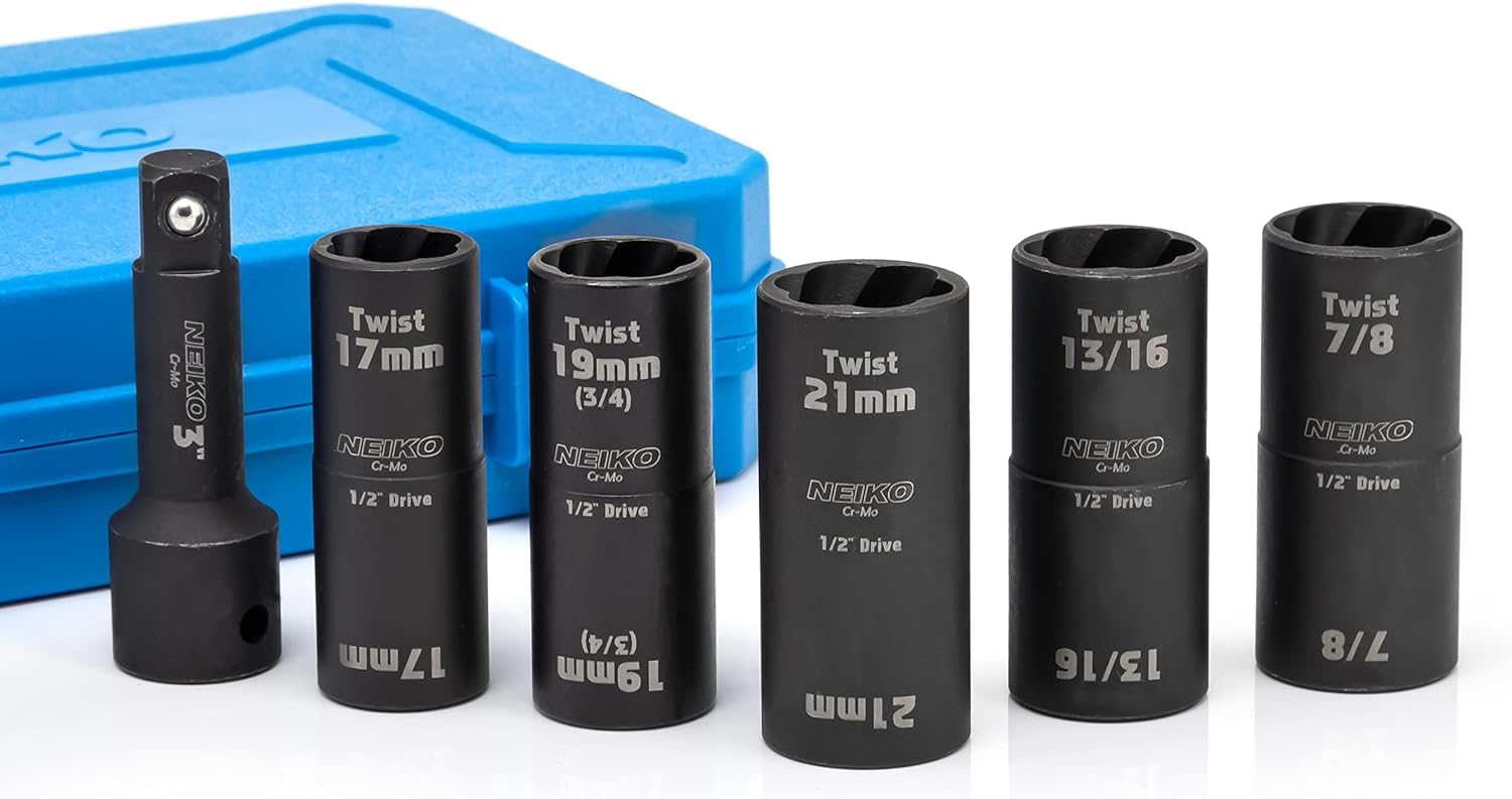 Neiko 02340A Zestaw nasadek obrotowych, 6-częściowy zestaw nasadek nasadowych SAE i metryczny, 1/2" Dr. Impact Flip zestaw nasadek 6-punktowych i skręconych, CR-Mo zestaw nasadek stalowych do kół 7,5