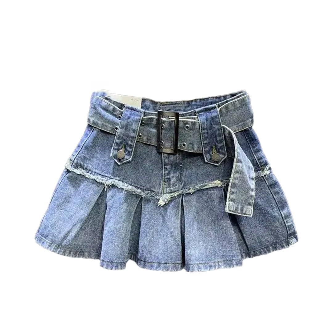 Gonna da donna vintage a pieghe in denim Street Slim a forma di A mezza lunghezza