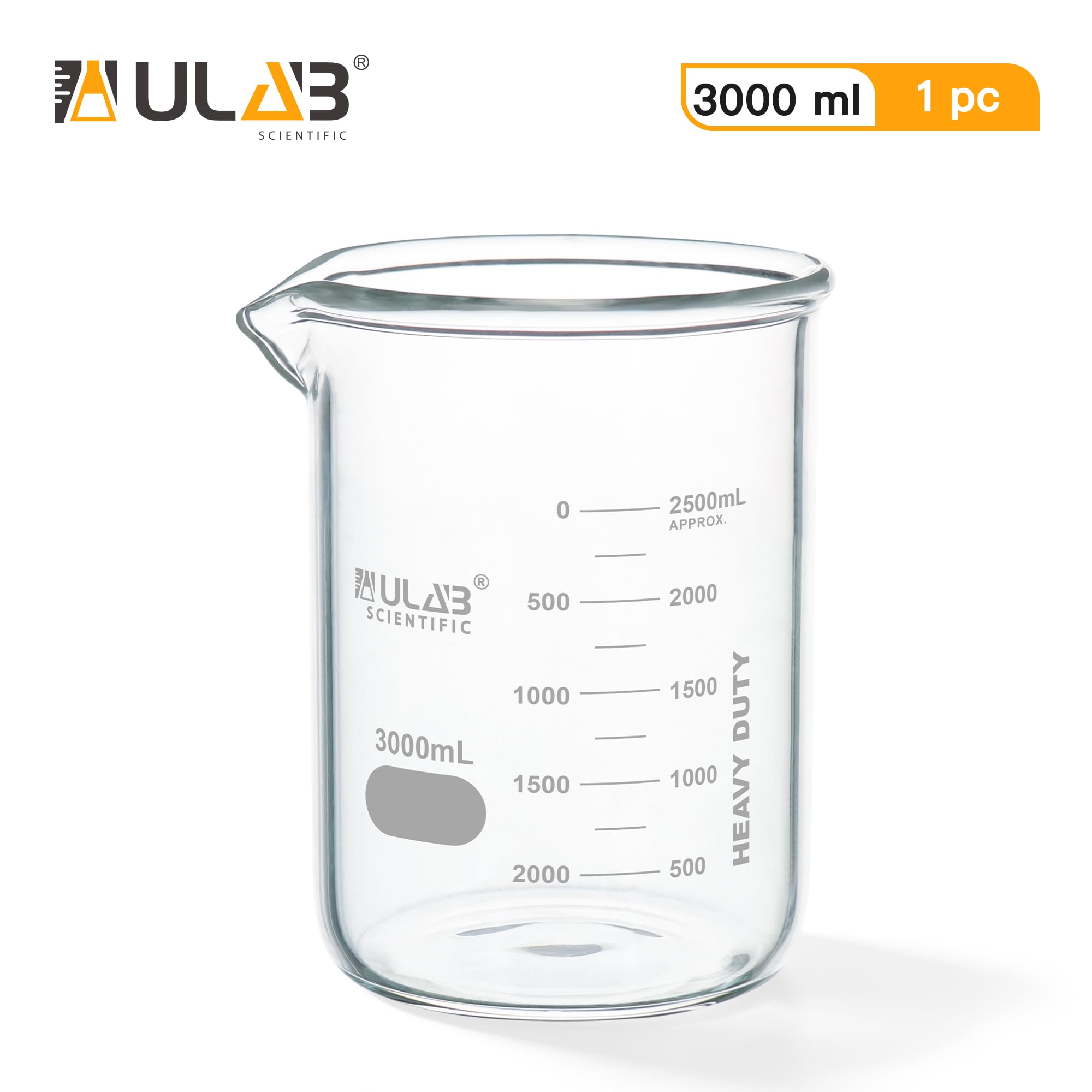 ULAB Vetri Scientifici, Vol. 3000ml, 3.3 Borosilicate Griffin Low Form con Graduazione Stampata, UBG1029