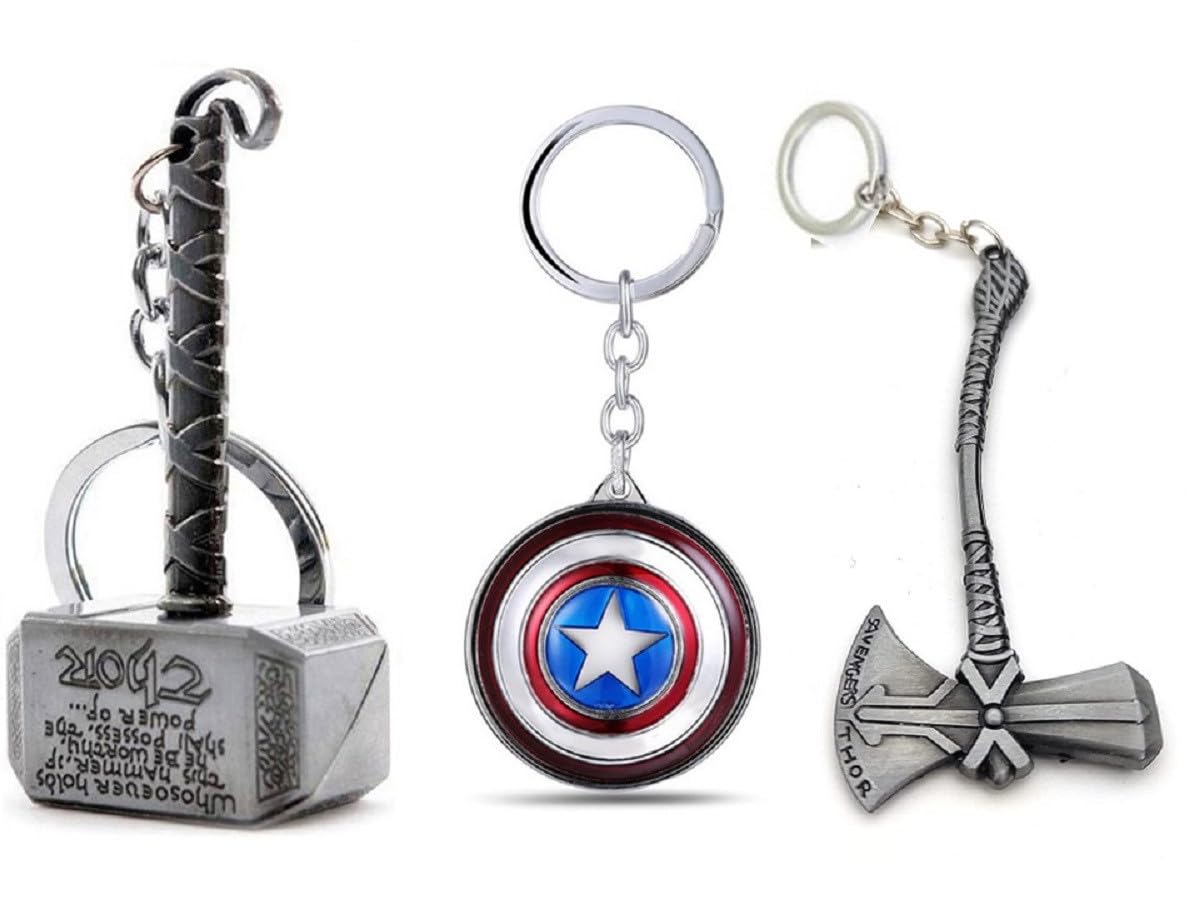 Metallic Silver Hammer and Stormbreaker/Axe with Captain America Rotating Centre Shield Design Keychain for Bike/Car Gifting with Key Ring for Men-image-8