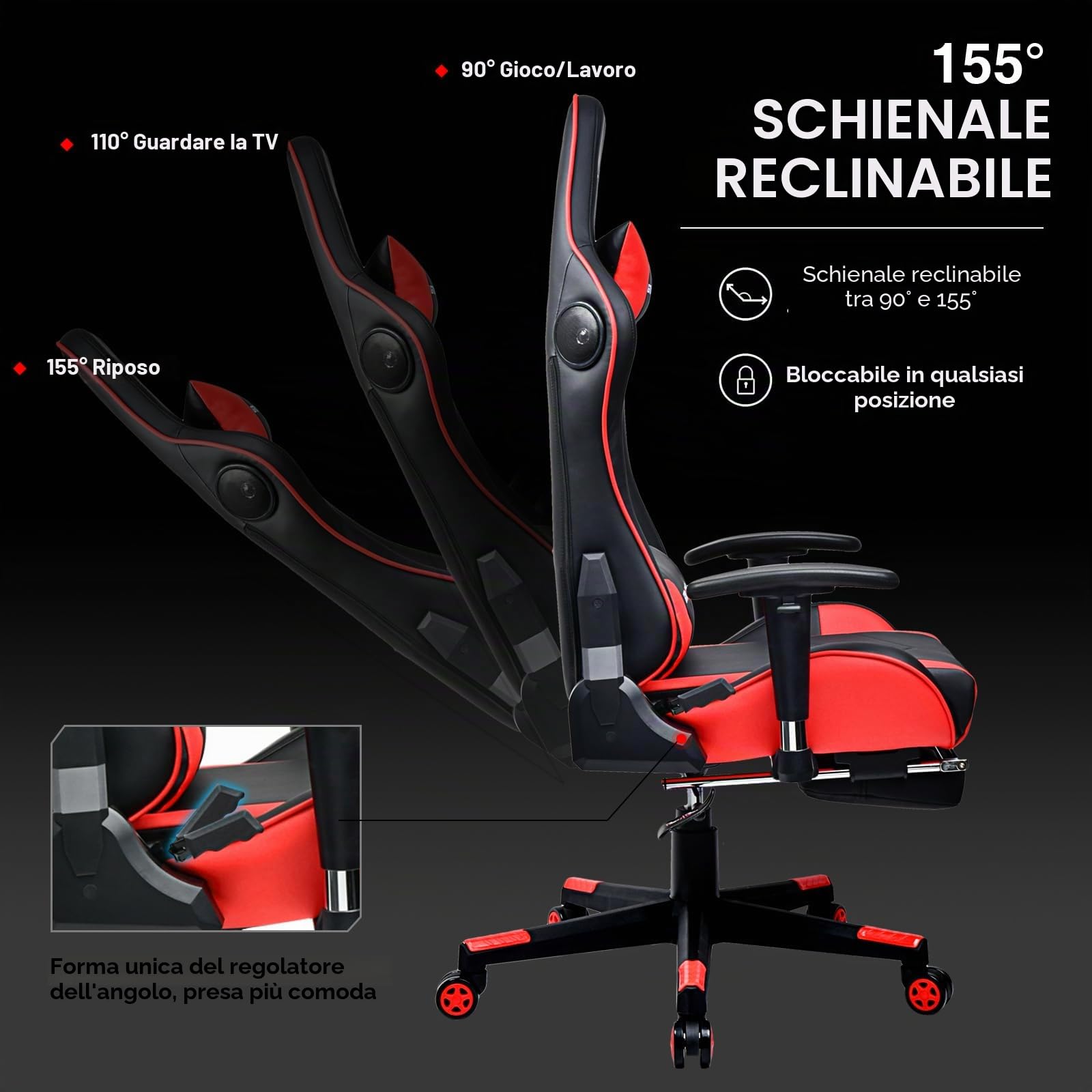 GTPLAYER Sedia da Gaming con Poggiapiedi e Altoparlante Bluetooth Poltrona Ufficio Scrivania Ergonomica Sedie Musicale Rossa