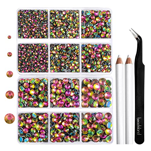 Image of 6736pcs Hotfix Rhinestones Flatback,Glass Rhinestones for Crafts Clothes Mixed 5 Sizes, Hotfix Crystals with Tweezers and Wax Pencil Kit, SS6-SS30,Rainbow