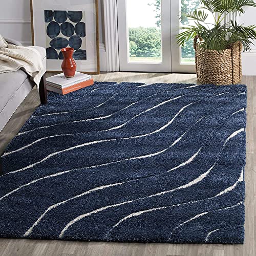Image of Export Quality Microfiber Hand Woven Shaggy Carpet Collection with 2 inch Pile Height Carpet for Living Room & Bedroom Size 8x8 feet Square coular Blue /White