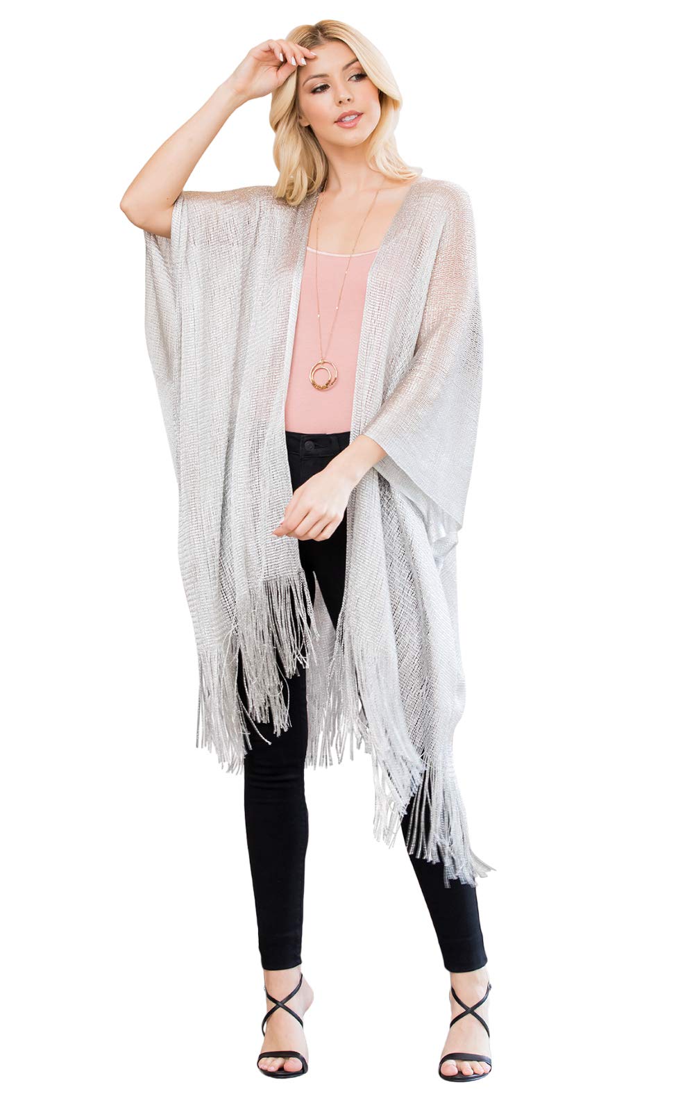 RIAH FASHION Bohemian Sequin Glitter Shawl Wrap Poncho - Kimono Cardigan, Sparkly Metallic Mesh Scarf, Open Knit Crochet