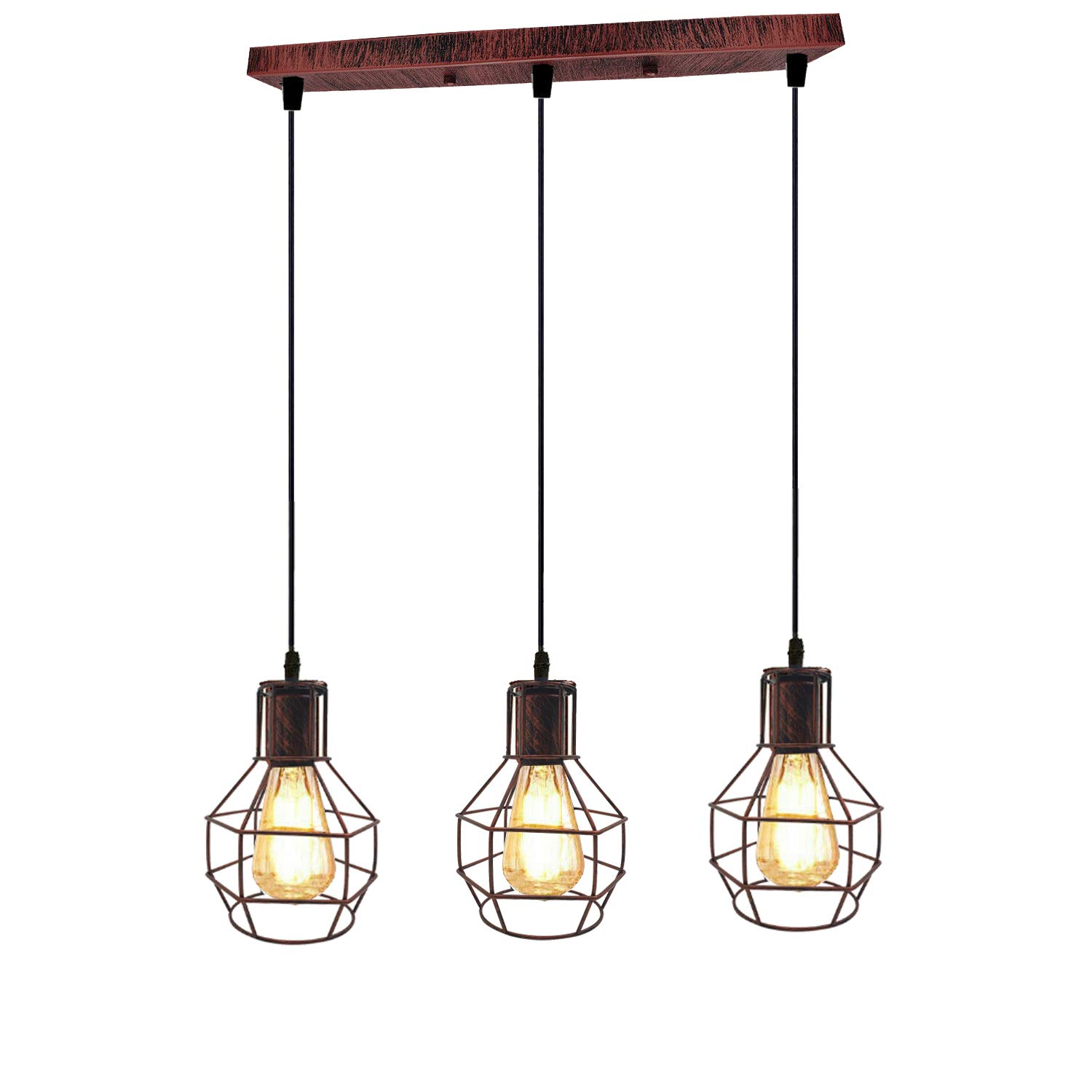 LEDSone 3 Head Vintage Metal Cage Light Industrial Pendant Shade, Rustic Red Wire Cage Hanging Ceiling Light E27 Holder Fitting with 50cm Ceiling Plate