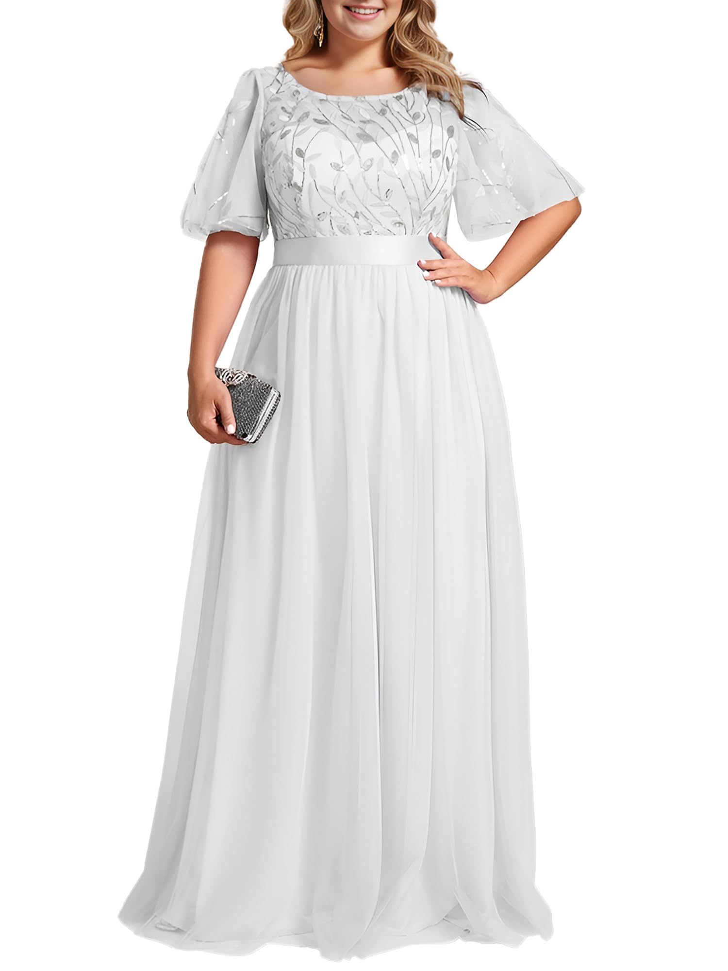 Ever-Pretty Corte Imperio Vestido de Fiesta A-línea Tul Cuello Redondo Manga Corta para Mujer 00904