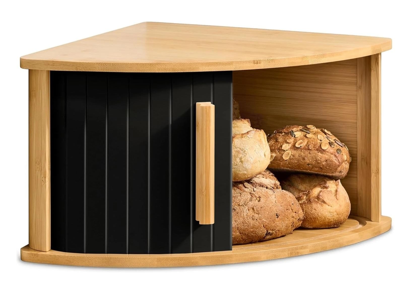 Homion Black Bamboo Corner Bread Bin With Sliding Door, Lidded Bread Box For Kitchen Counter, Space Saving Bread Storage Container, Standard Bread Keeper For Loaves, Buns, Bagels & Pastries, (Flat Pack)
