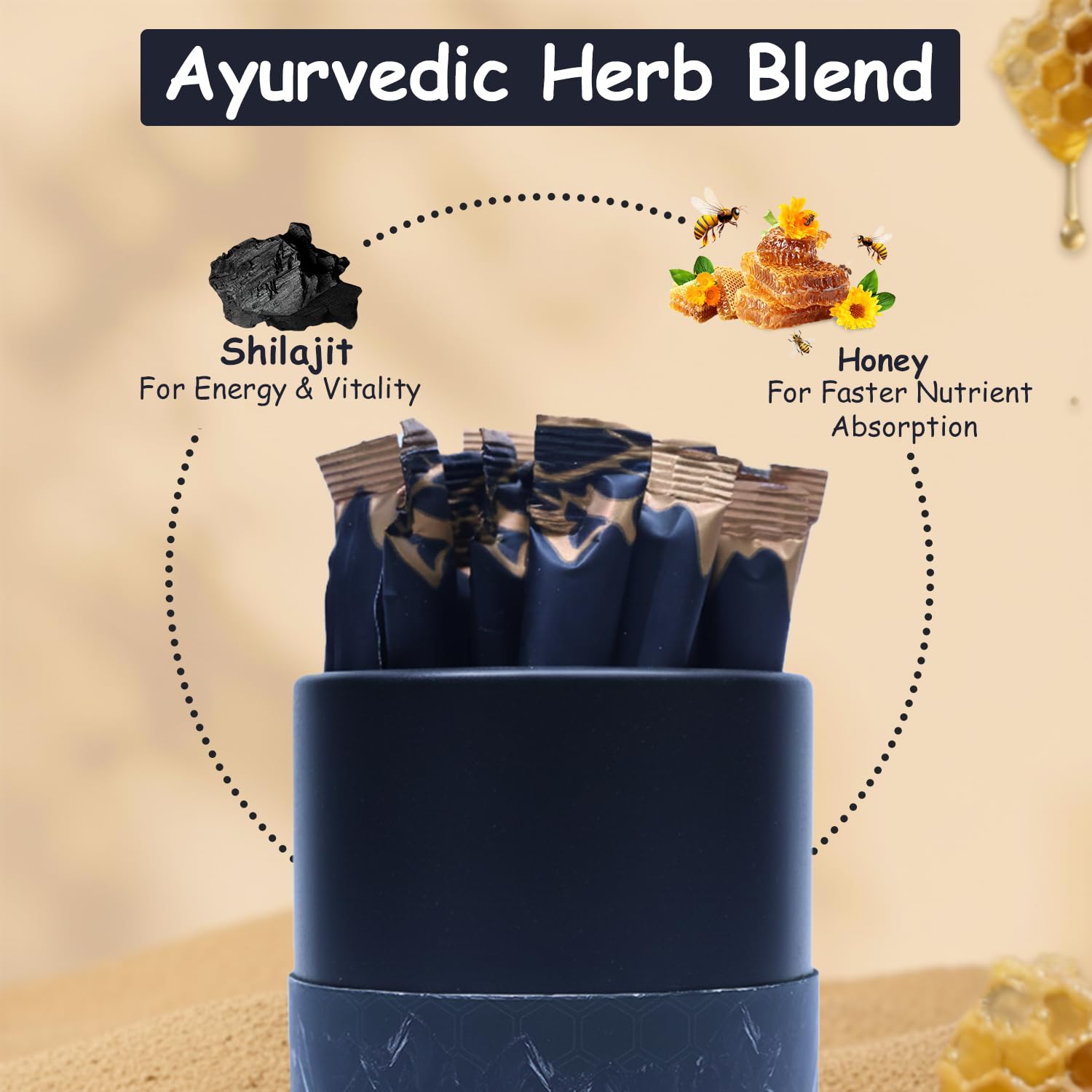 AYODH Ashwagandha & Himalayan Shilajit Honey Sticks Bundle | 60 Sticks | Daily Wellness & Vitality Support