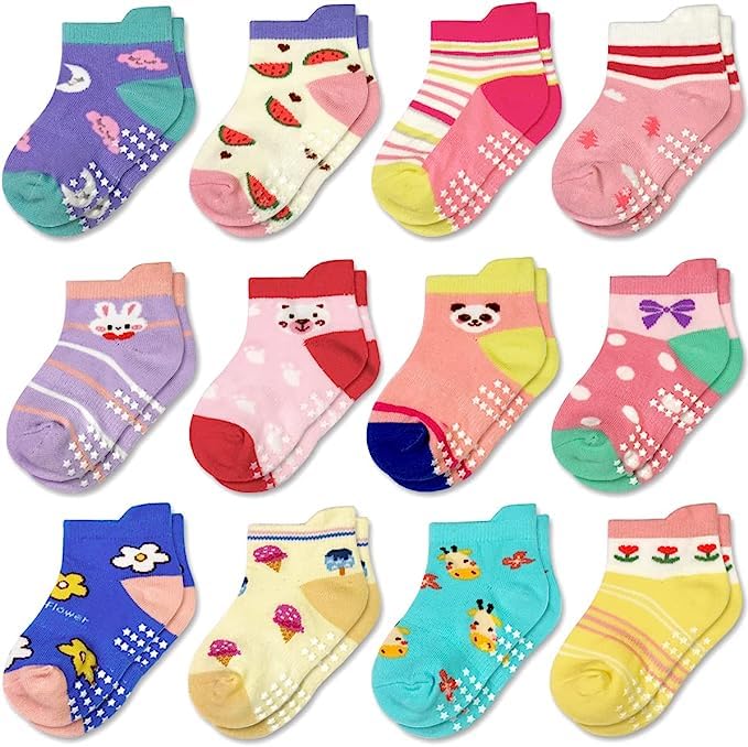 ELUTONGToddler Socks with Grips,12 Pairs Non Slip Baby Girls Socks for 1-7 Years Kids
