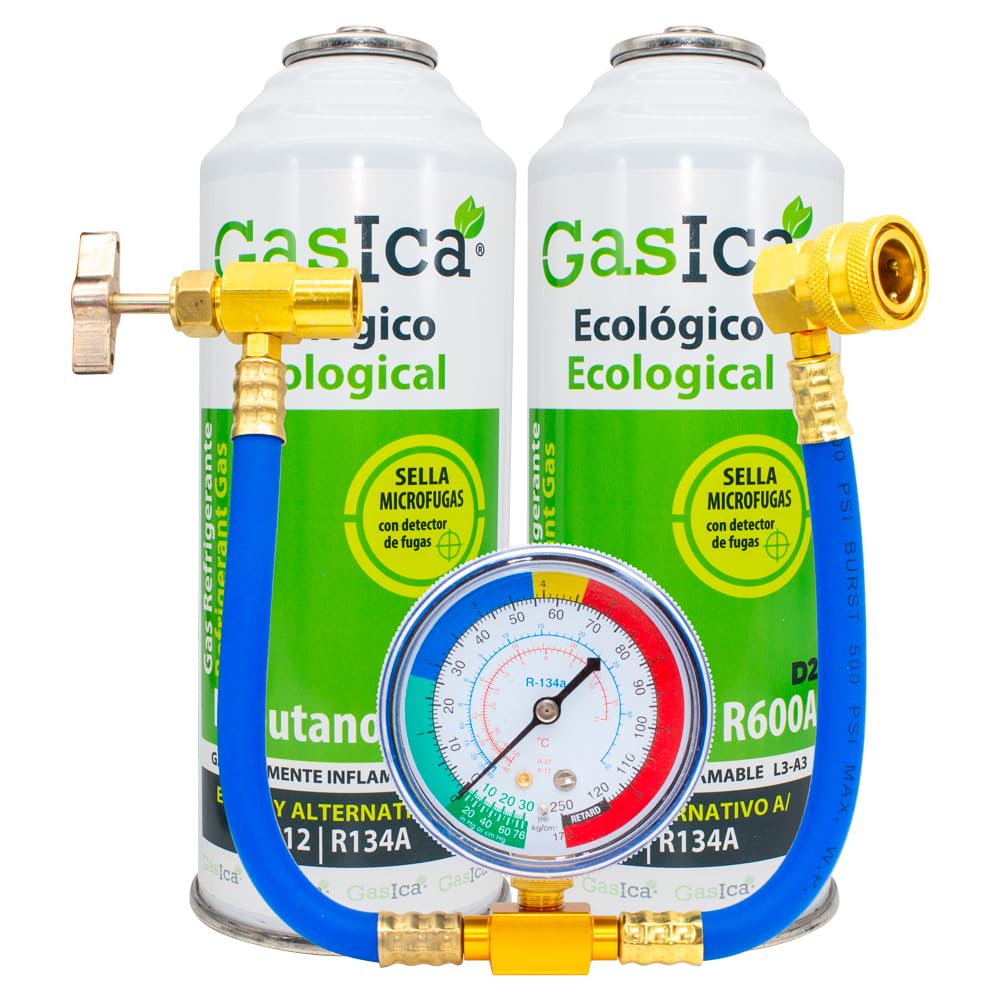 Pack Ahorro GASICA D2, (2 bombonas de 226gr) Gas refrigerante ecológico orgánico sustituto de R12, R134A más Manguera con manómetro con llave para reparación aire acondicionado