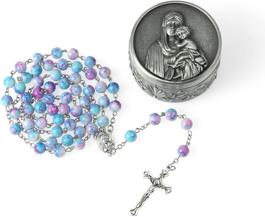 Rosary Beads for Women With Box, Blue Crystal Catholic Necklace, Last Supper Vintage Jewelry Box, Anglican Prayer Beads Christian Gifts
