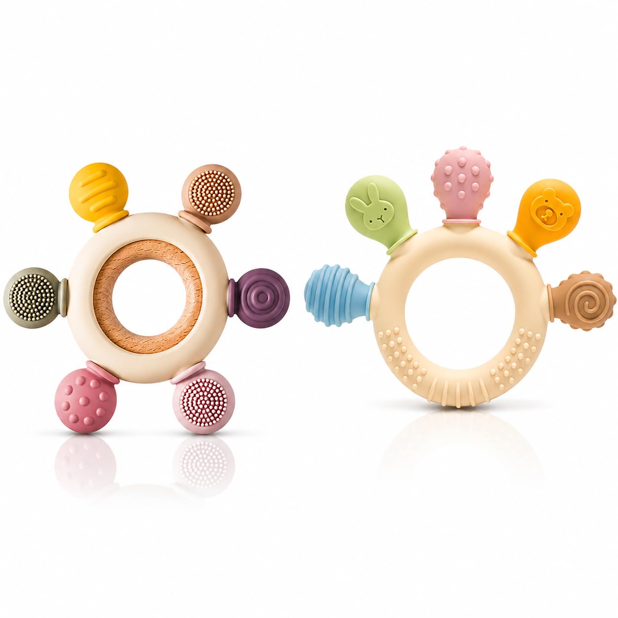 Baby Teething Toys 2 in 1 for Babies 0-6 6-12 Months Soft Silicone Teethers with Wooden Ring Soothe Babies Gums Relief 3+ Months Baby, BPA Free,Newborn Infants Rattle for Mouth (Round And Half Round Combo)-image-37